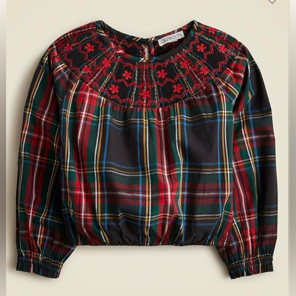 J.Crew Girls' embroidered smocked top in Stewart tartan
